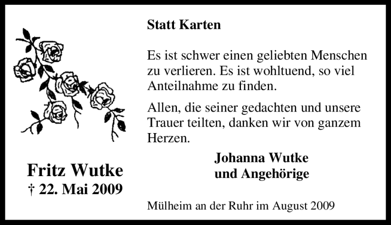  Traueranzeige für Fritz Wutke vom 01.08.2009 aus Tageszeitung