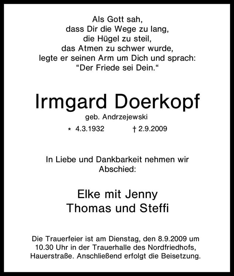  Traueranzeige für Irmgard Doerkopf vom 05.09.2009 aus Tageszeitung