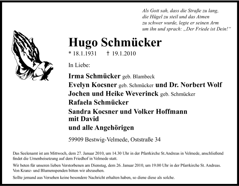  Traueranzeige für Hugo Schmücker vom 23.01.2010 aus Tageszeitung