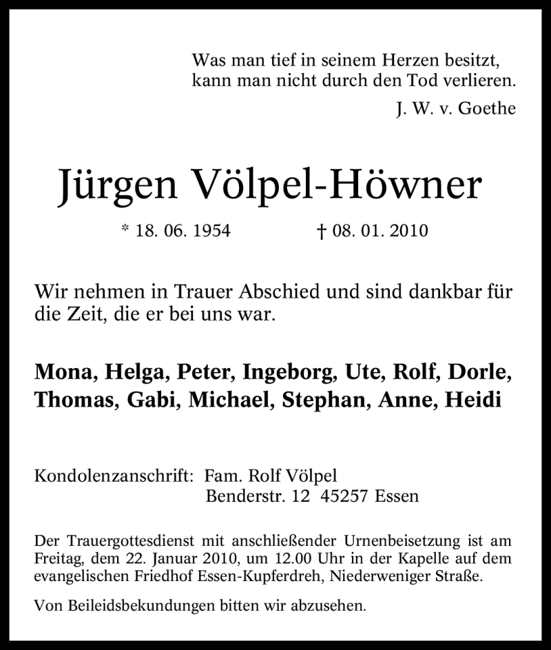  Traueranzeige für Jürgen Völpel-Höwner vom 16.01.2010 aus Tageszeitung