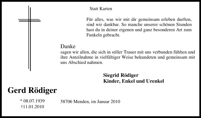  Traueranzeige für Gerd Rödiger vom 30.01.2010 aus Tageszeitung