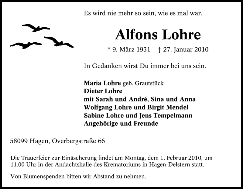  Traueranzeige für Alfons Lohre vom 29.01.2010 aus Tageszeitung