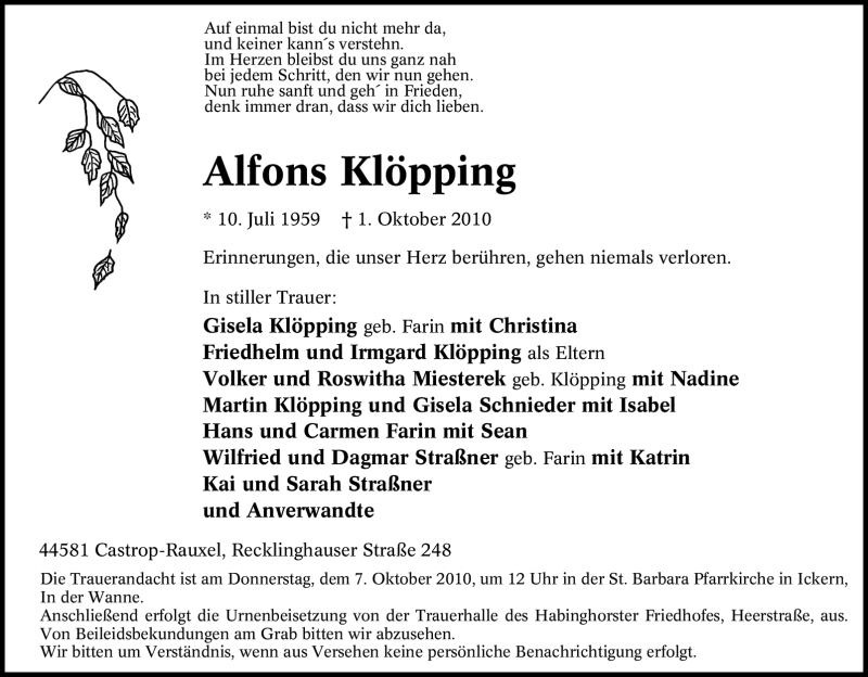  Traueranzeige für Alfons Klöpping vom 04.10.2010 aus Tageszeitung
