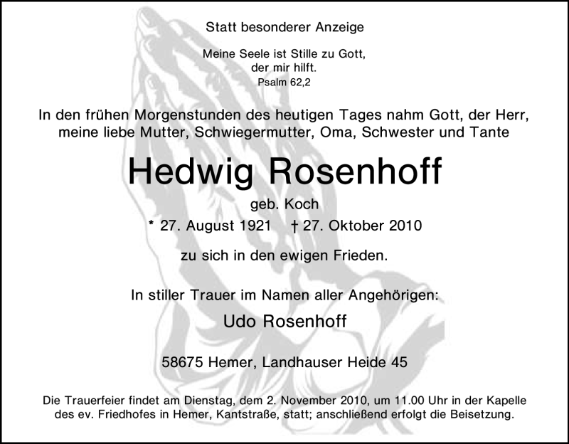  Traueranzeige für Hedwig Rosenhoff vom 29.10.2010 aus Tageszeitung