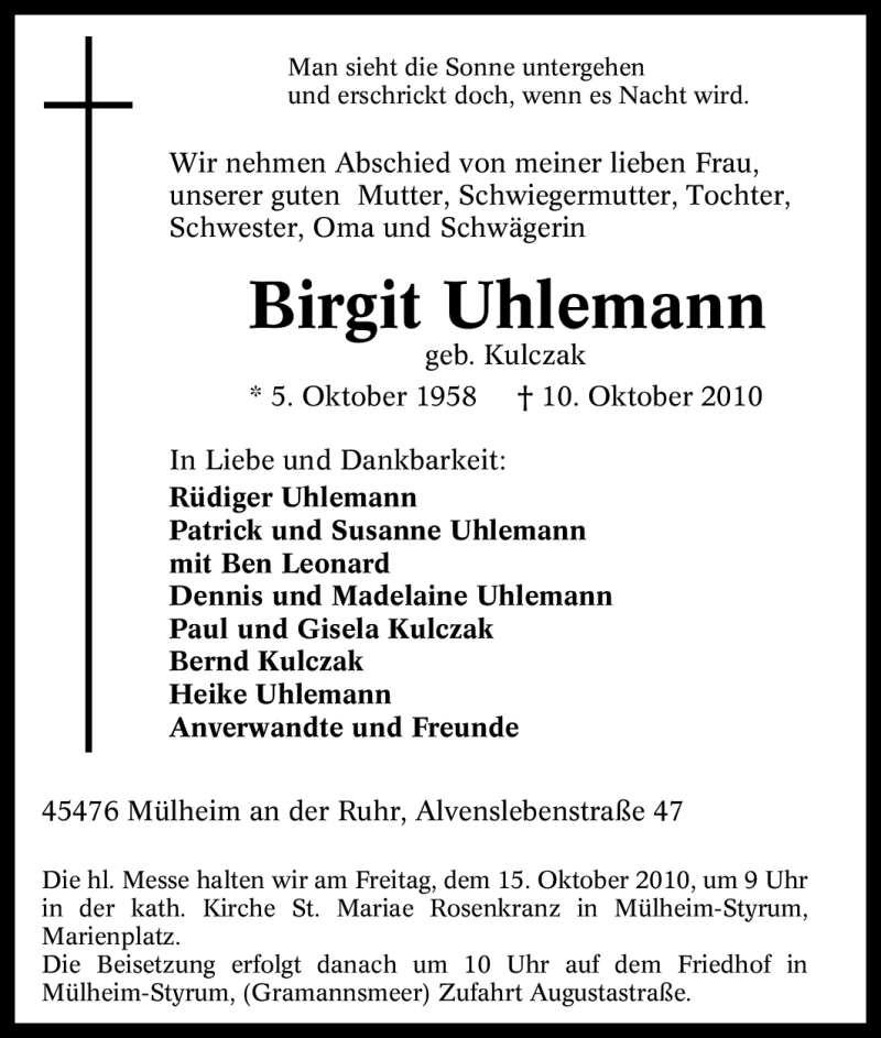  Traueranzeige für Birgit Uhlemann vom 13.10.2010 aus Tageszeitung