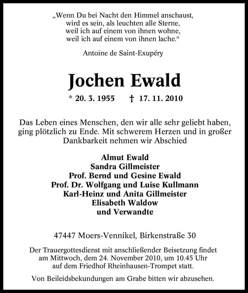  Traueranzeige für Jochen Ewald vom 20.11.2010 aus Tageszeitung