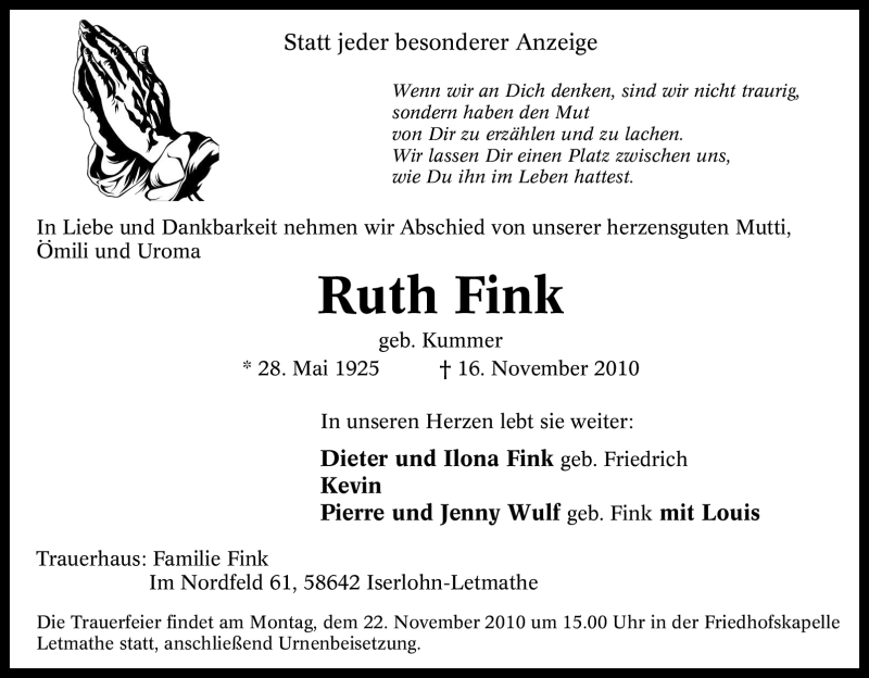  Traueranzeige für Ruth Fink vom 18.11.2010 aus Tageszeitung