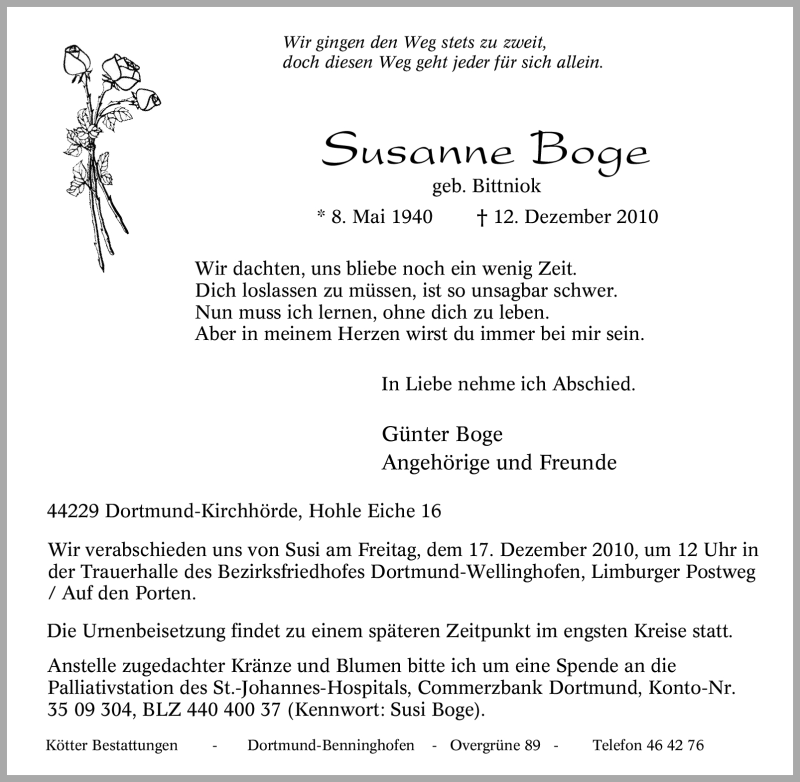  Traueranzeige für Susanne Boge vom 15.12.2010 aus Tageszeitung