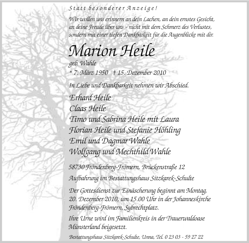  Traueranzeige für Marion Heile vom 17.12.2010 aus Tageszeitung