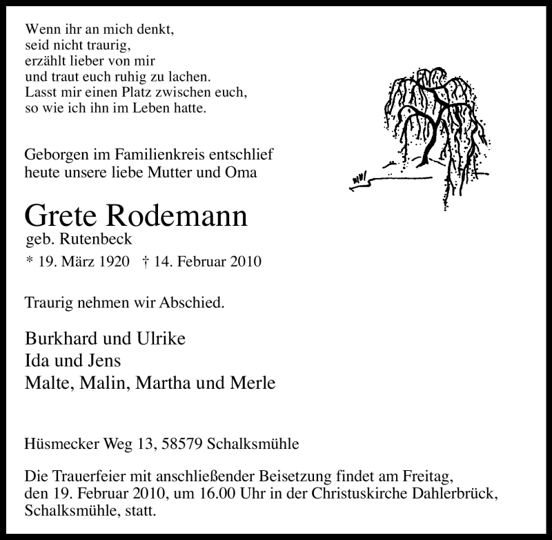  Traueranzeige für Grete Rodemann vom 16.02.2010 aus Tageszeitung