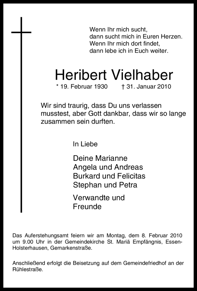  Traueranzeige für Heribert Vielhaber vom 03.02.2010 aus Tageszeitung
