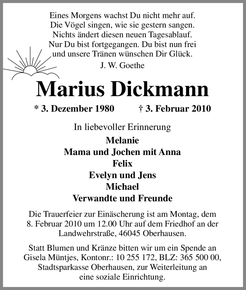  Traueranzeige für Marius Dickmann vom 06.02.2010 aus Tageszeitung