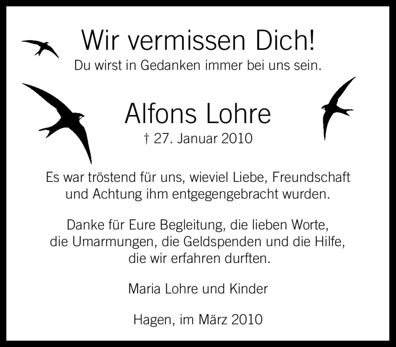  Traueranzeige für Alfons Lohre vom 09.03.2010 aus Tageszeitung