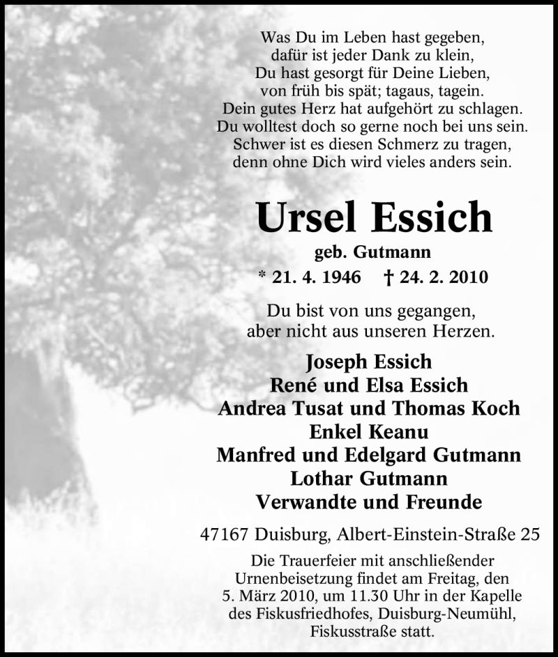  Traueranzeige für Ursel Essich vom 02.03.2010 aus Tageszeitung