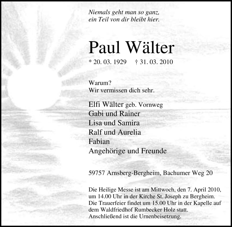  Traueranzeige für Paul Wälter vom 03.04.2010 aus Tageszeitung