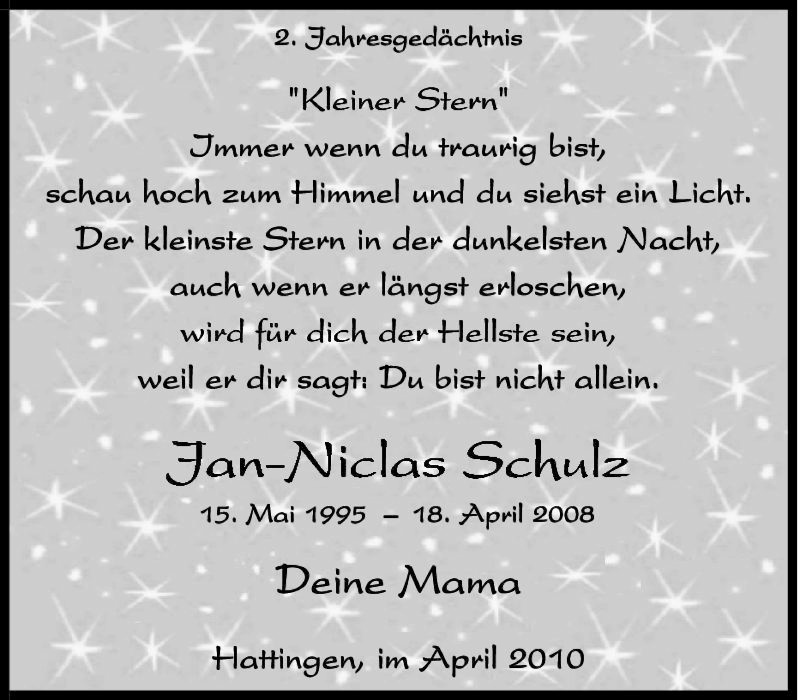  Traueranzeige für Jan-Niclas Schulz vom 17.04.2010 aus Tageszeitung