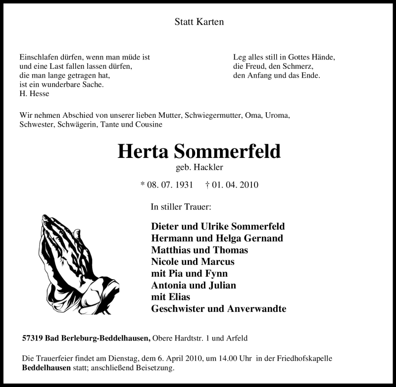  Traueranzeige für Herta Sommerfeld vom 03.04.2010 aus Tageszeitung