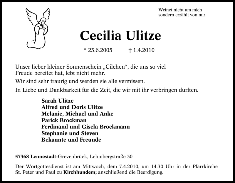  Traueranzeige für Cecilia Ulitze vom 03.04.2010 aus Tageszeitung