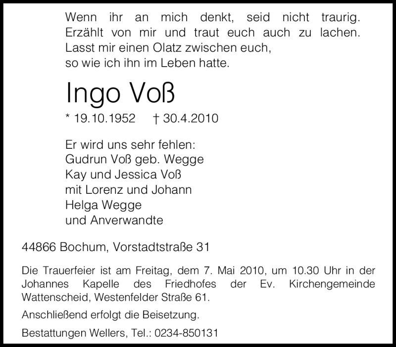  Traueranzeige für Ingo Voß vom 04.05.2010 aus Tageszeitung