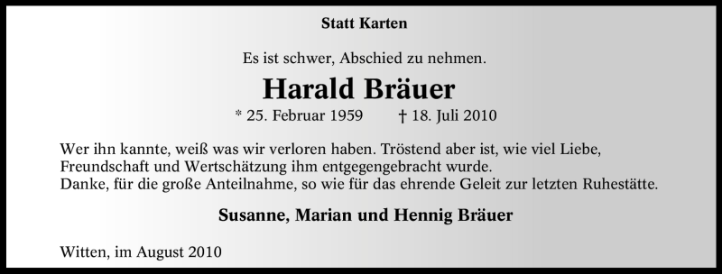  Traueranzeige für Harald Bräuer vom 21.08.2010 aus Tageszeitung