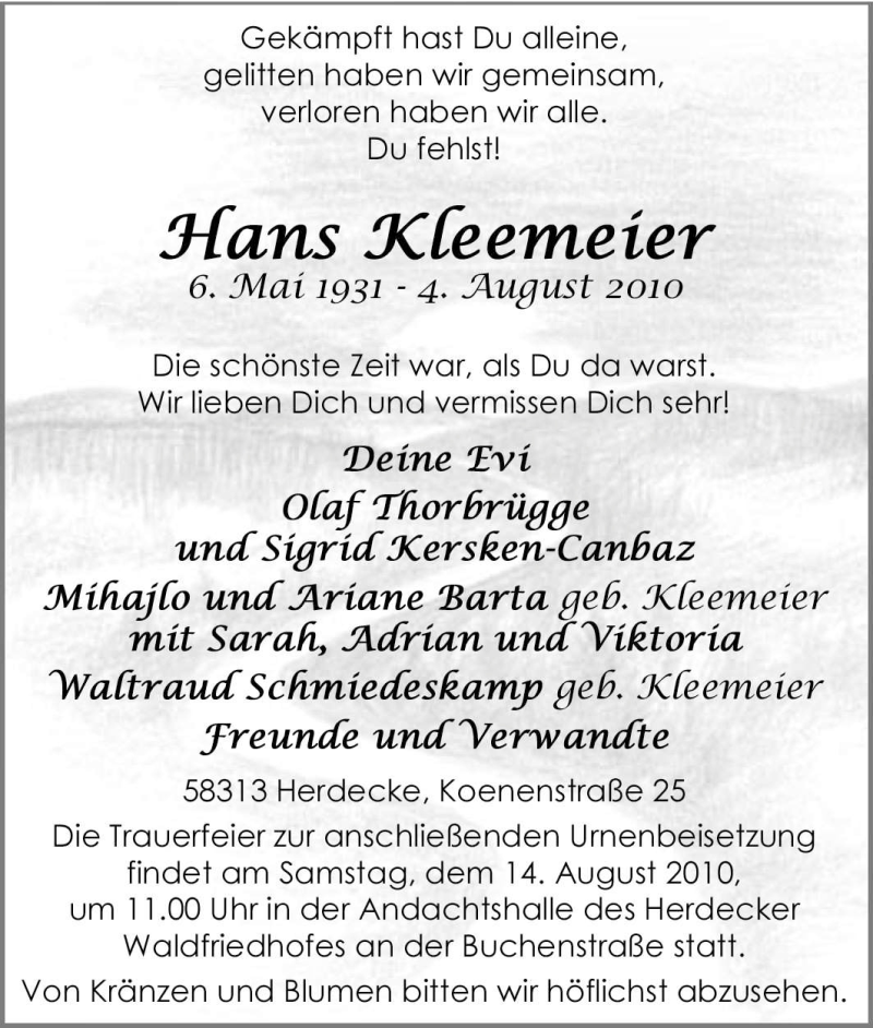  Traueranzeige für Hans Kleemeier vom 07.08.2010 aus Tageszeitung