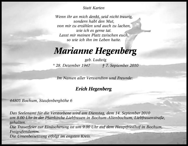  Traueranzeige für Marianne Hegenberg vom 10.09.2010 aus Tageszeitung