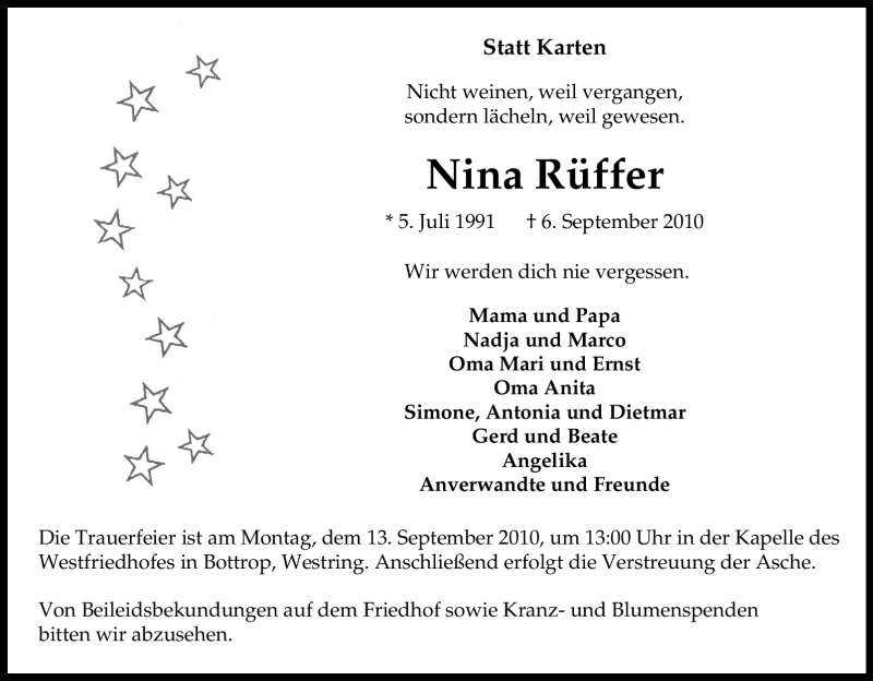  Traueranzeige für Nina Rüffer vom 10.09.2010 aus Tageszeitung