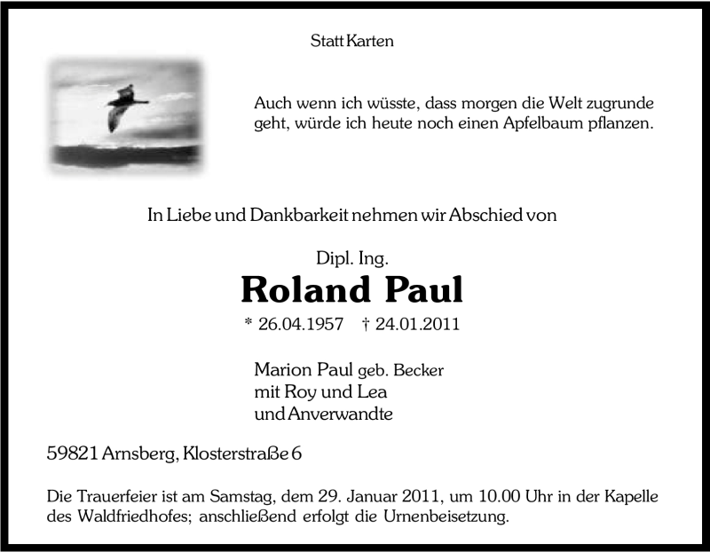 Traueranzeige für Roland Paul vom 26.01.2011 aus Tageszeitung
