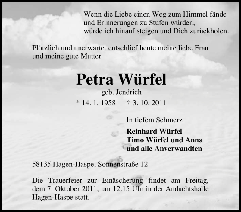  Traueranzeige für Petra Würfel vom 06.10.2011 aus Tageszeitung
