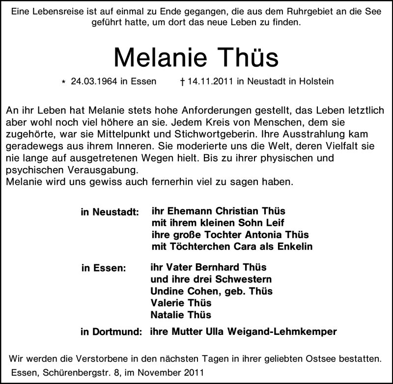  Traueranzeige für Melanie Thüs vom 26.11.2011 aus Tageszeitung