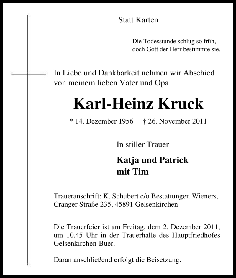 Traueranzeige für Karl-Heinz Kruck vom 29.11.2011 aus Tageszeitung