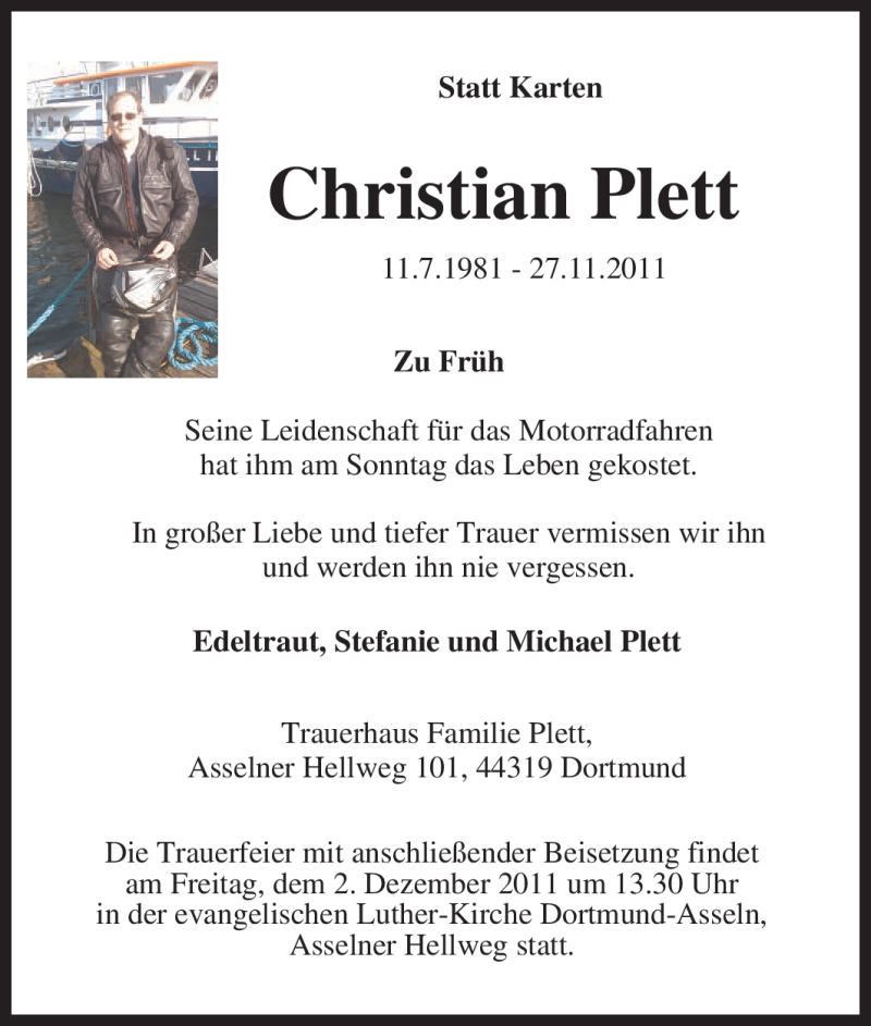  Traueranzeige für Christian Plett vom 30.11.2011 aus Tageszeitung