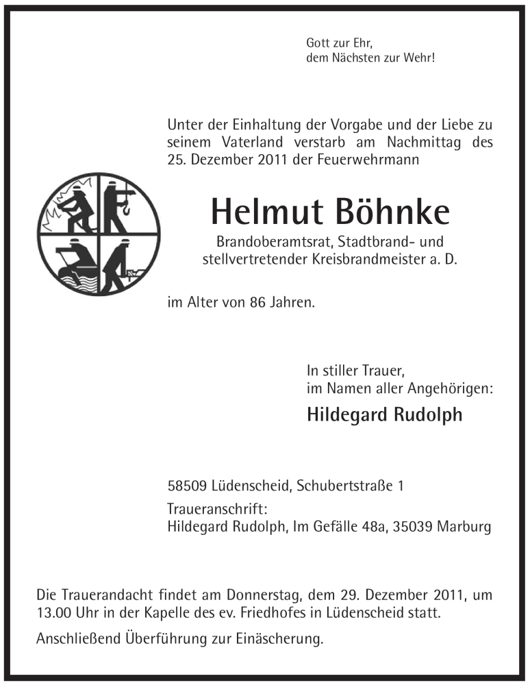 Traueranzeige für Helmut Böhnke vom 27.12.2011 aus Tageszeitung