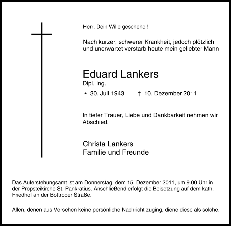  Traueranzeige für Eduard Lankers vom 13.12.2011 aus Tageszeitung