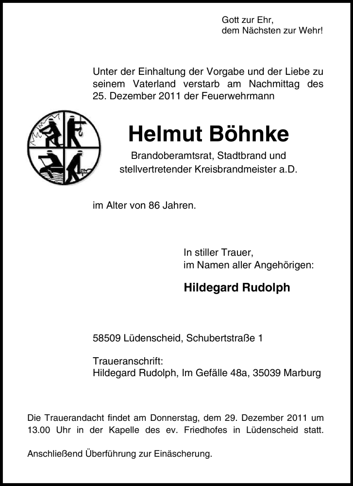  Traueranzeige für Helmut Böhnke vom 27.12.2011 aus Tageszeitung