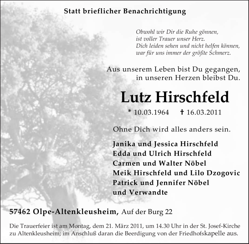  Traueranzeige für Lutz Hirschfeld vom 17.03.2011 aus Tageszeitung