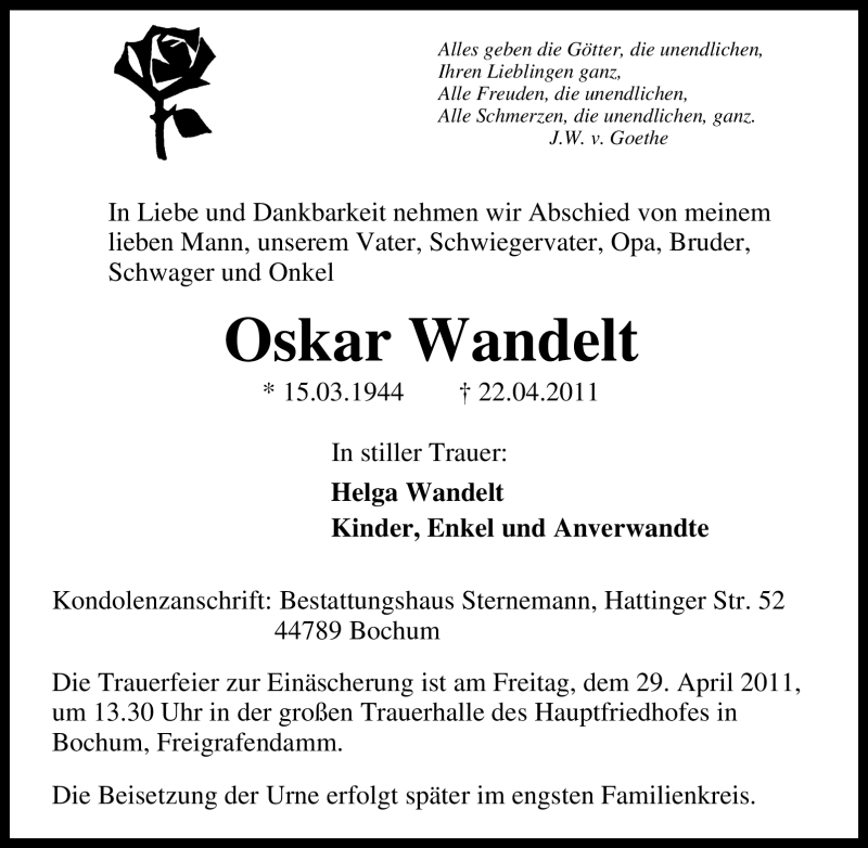  Traueranzeige für Oskar Wandelt vom 26.04.2011 aus Tageszeitung