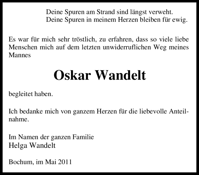  Traueranzeige für Oskar Wandelt vom 23.05.2011 aus Tageszeitung
