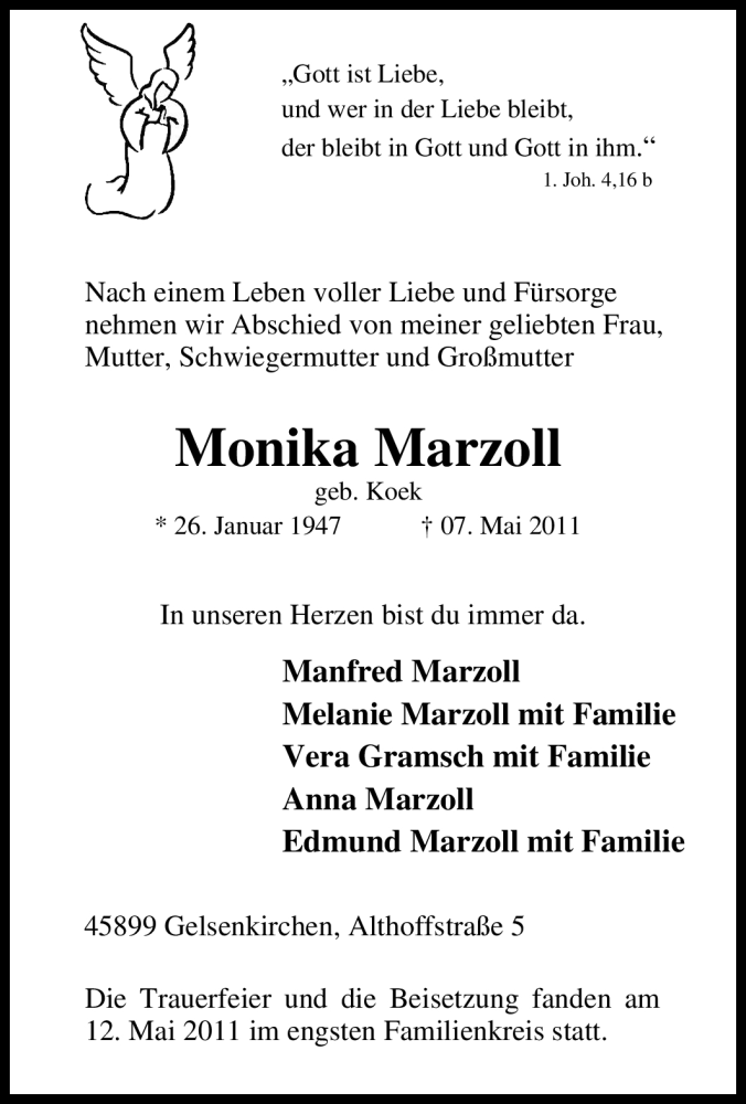  Traueranzeige für Monika Marzoll vom 13.05.2011 aus Tageszeitung