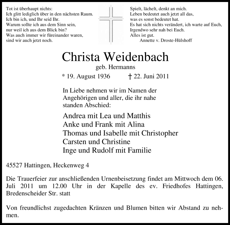  Traueranzeige für Christa Weidenbach vom 02.07.2011 aus Tageszeitung