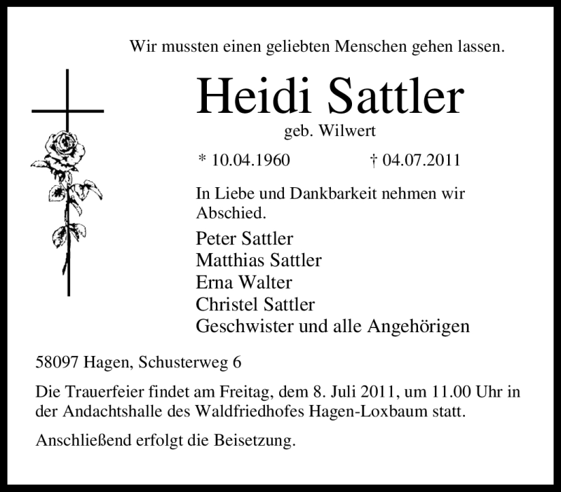  Traueranzeige für Heidi Sattler vom 05.07.2011 aus Tageszeitung