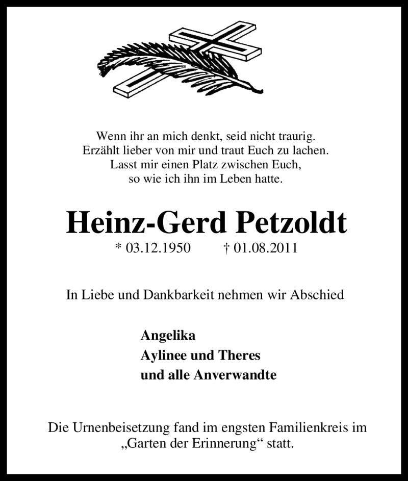  Traueranzeige für Heinz-Gerd Petzoldt vom 08.08.2011 aus Tageszeitung