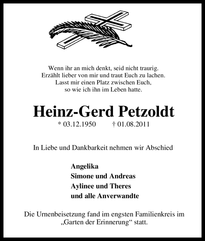  Traueranzeige für Heinz-Gerd Petzoldt vom 10.08.2011 aus Tageszeitung