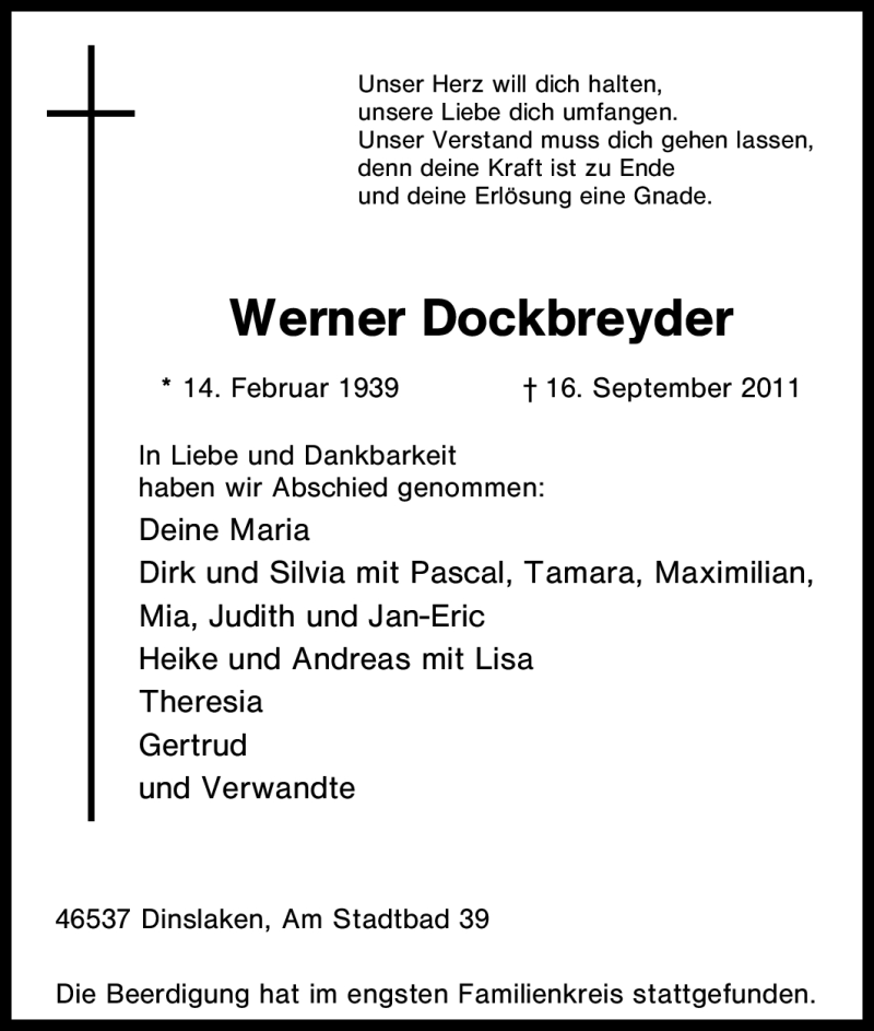  Traueranzeige für Werner Dockbreyder vom 27.09.2011 aus Tageszeitung