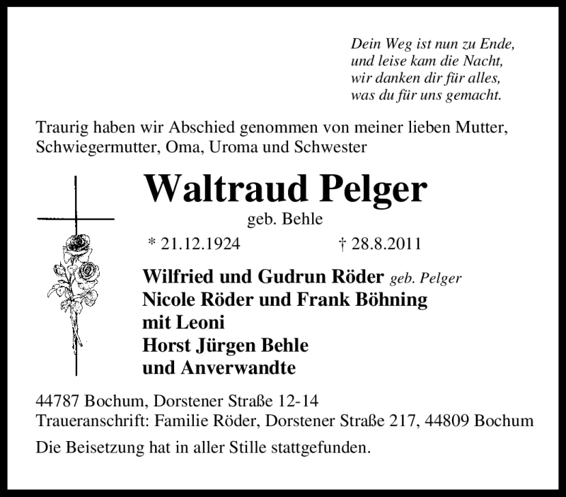  Traueranzeige für Waltraud Pelger vom 06.09.2011 aus Tageszeitung