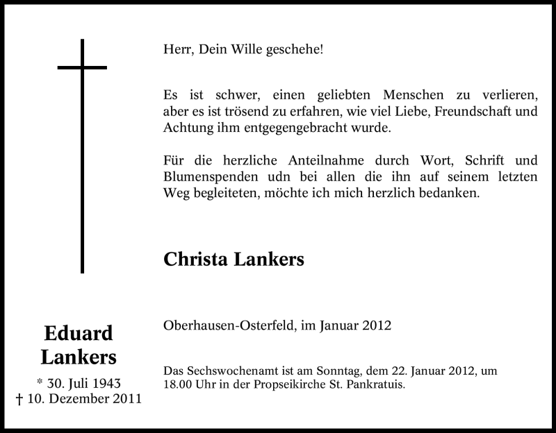  Traueranzeige für Eduard Lankers vom 14.01.2012 aus Tageszeitung