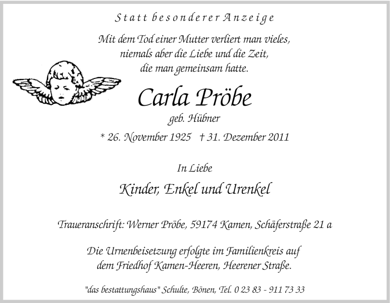  Traueranzeige für Carla Pröbe vom 11.01.2012 aus Tageszeitung