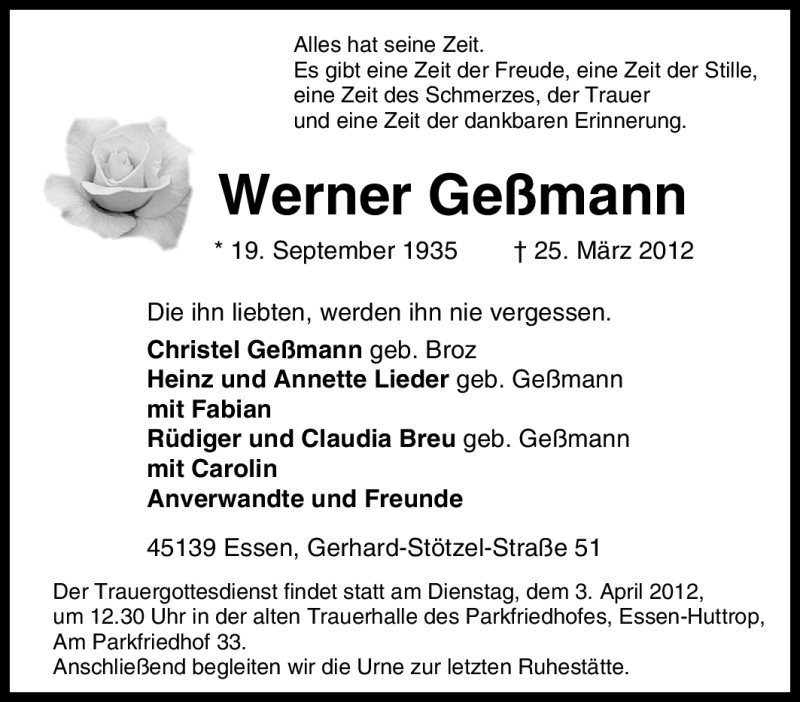  Traueranzeige für Werner Geßmann vom 31.03.2012 aus Tageszeitung
