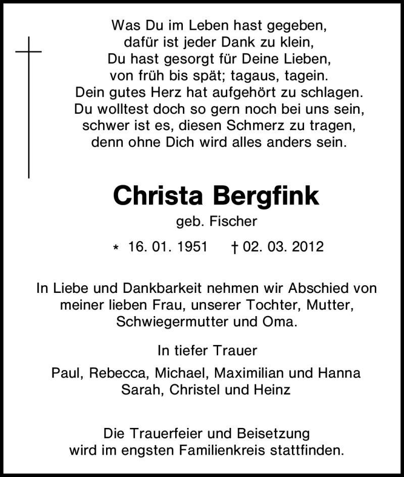  Traueranzeige für Christa Bergfink vom 03.03.2012 aus Tageszeitung