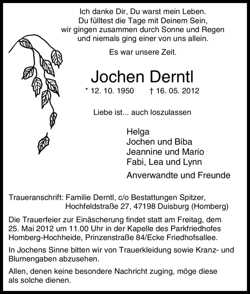  Traueranzeige für Jochen Derntl vom 21.05.2012 aus Tageszeitung